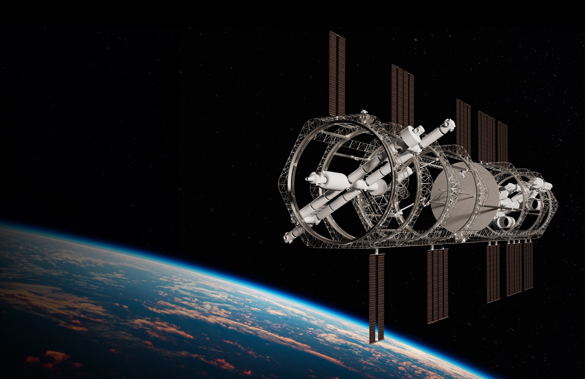 ARACHNEA in low Earth orbit: a long truss of ring frames carrying modules and solar arrays above the curve of the Earth