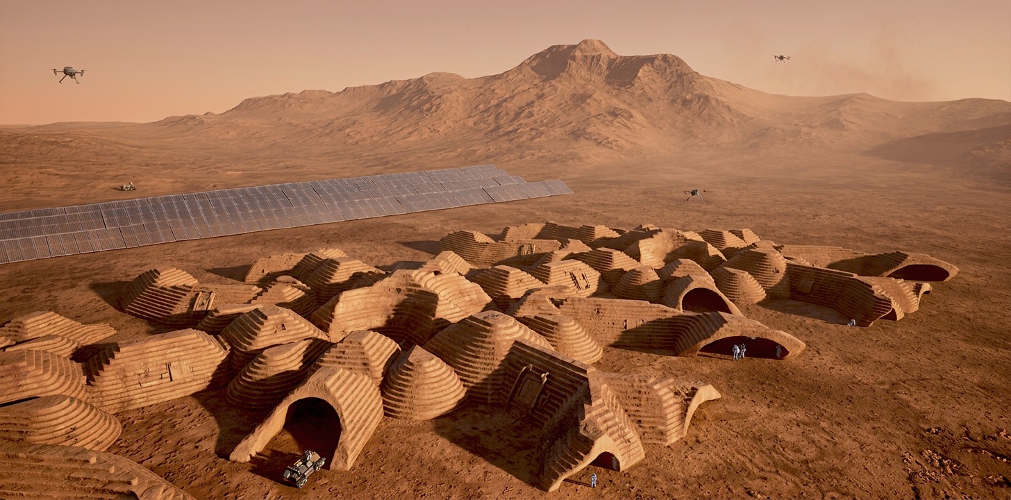 Eyes of Eden settlement at Jezero Crater: clusters of domed habitat modules beside a solar field, with mountains behind