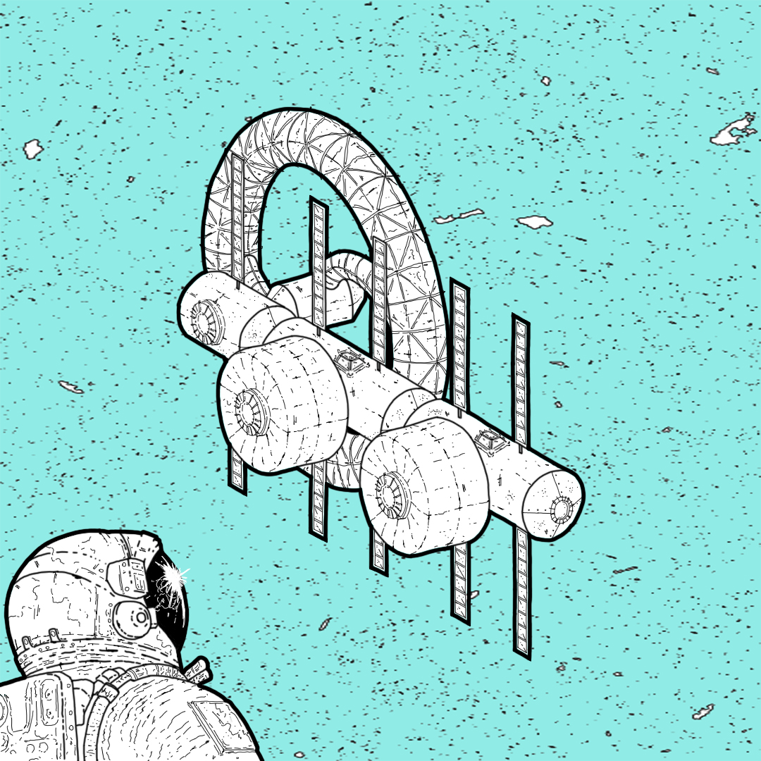 Exterior view — astronaut approaching Promethea Station