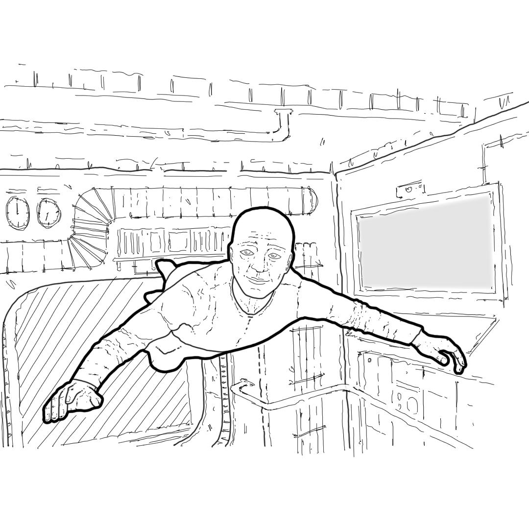 Crew member floating through module corridor