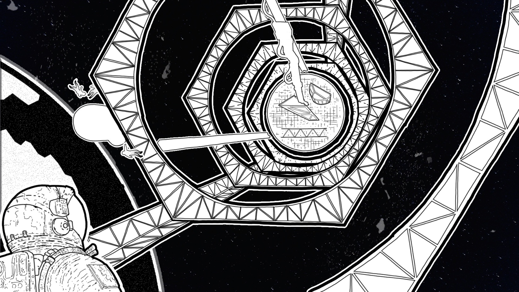 Illustration: an EBAM arm printing a large hexagonal structure inside the manufacturing facility