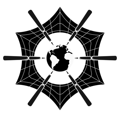 ARACHNEA logo: a spider web spun around the Earth, held by eight radial arms