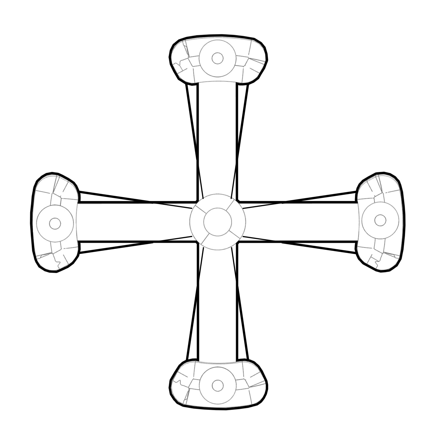 Space Crusader frontal view, cross configuration, dimensioned