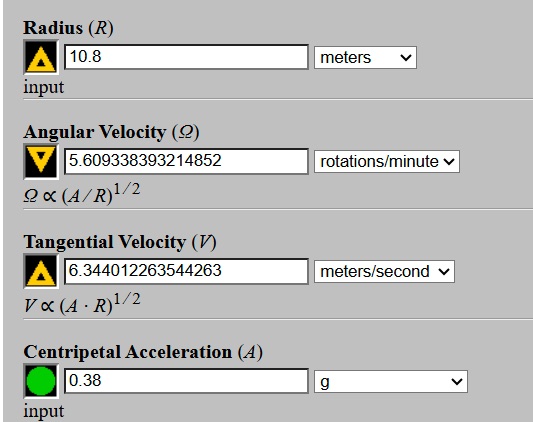SpinCalc artificial gravity parameters at R = 10.8 m
