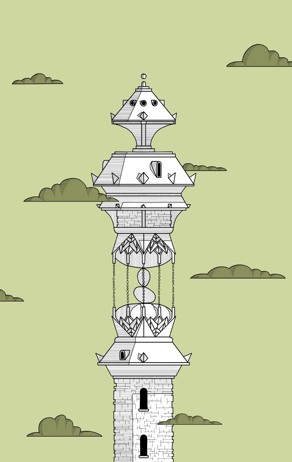 Illustration of an ornate tower with tiered, lotus-like roof structures suspended by chains