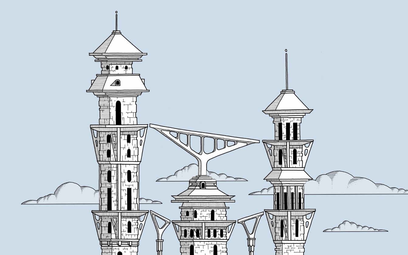 Line-art illustration of twin stone towers with conical roofs linked by an elevated walkway