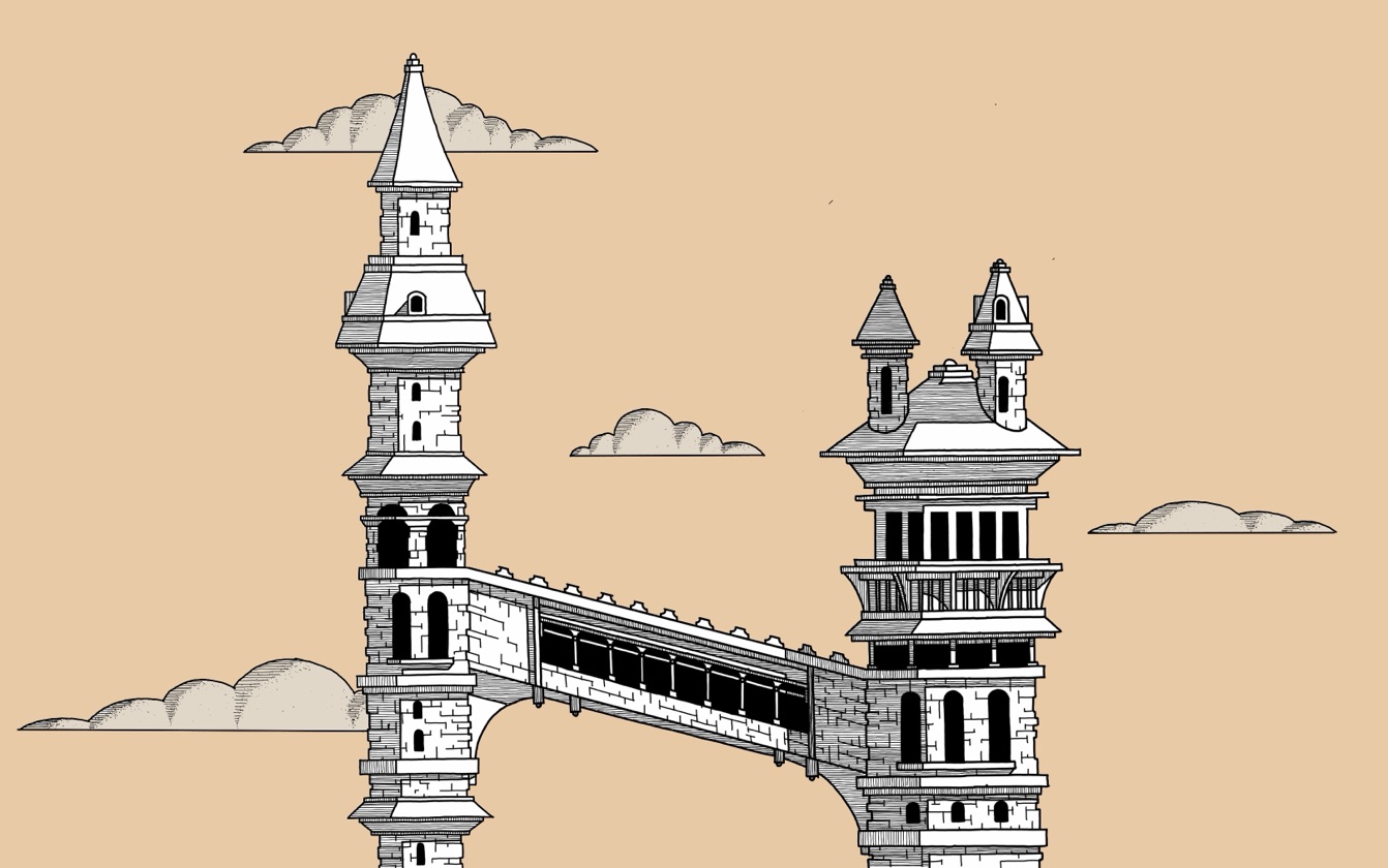 Illustration of twin stone towers joined by a covered bridge