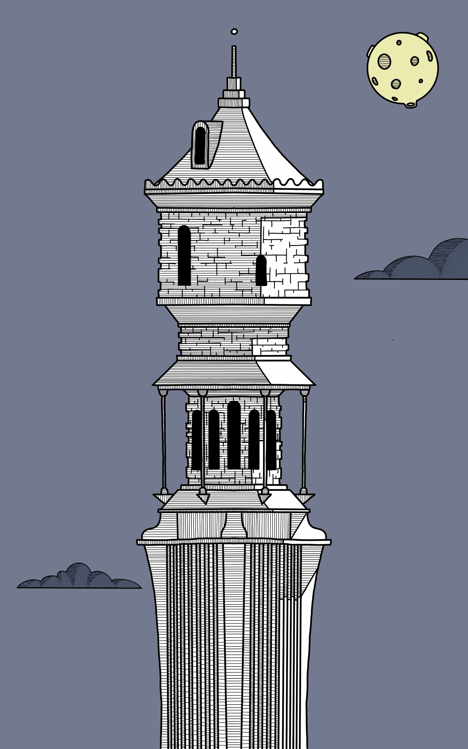 Illustration of a slender fluted tower beneath a night sky with a cratered moon