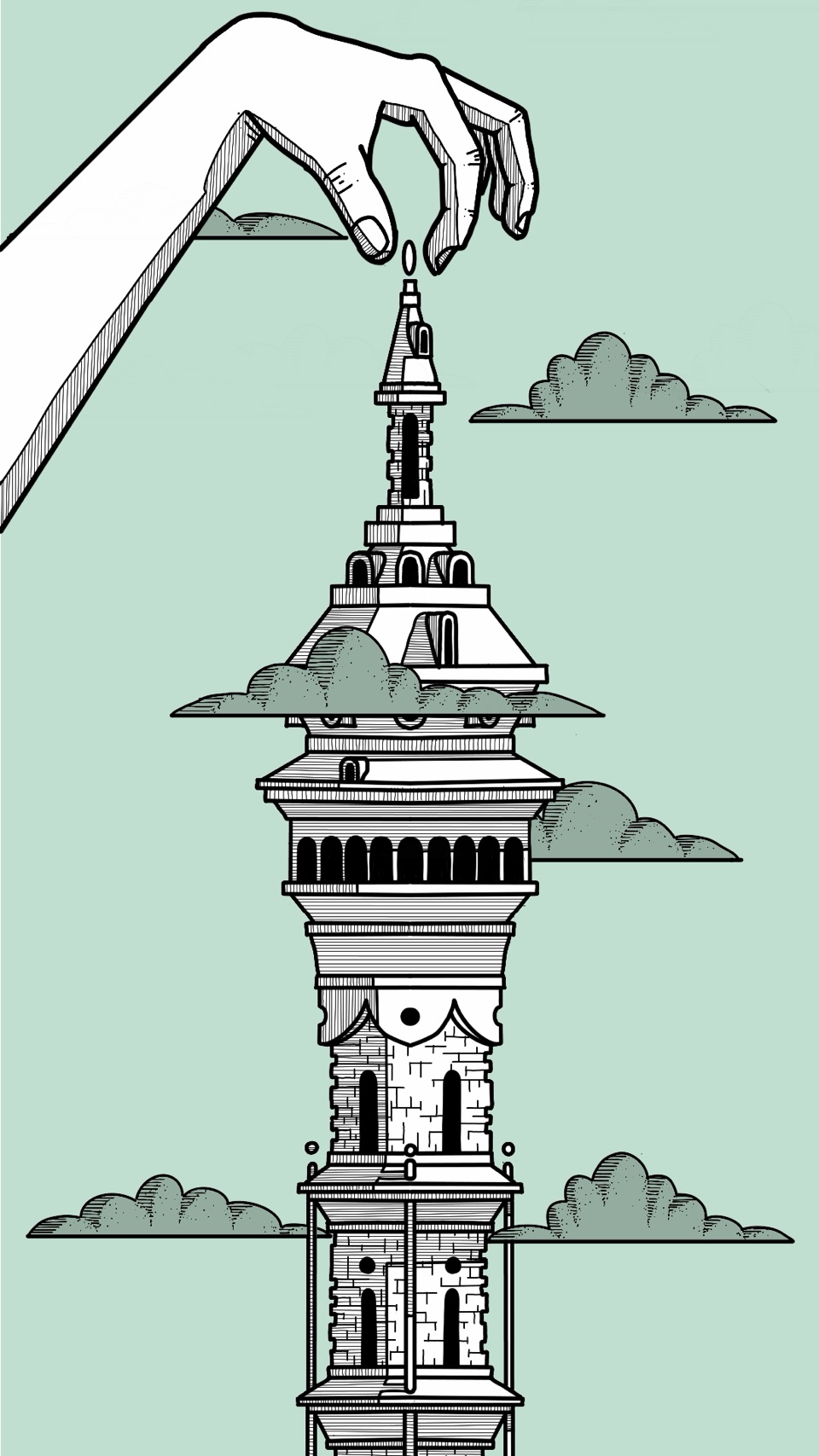 Illustration of an oversized hand placing a spire atop a fantastical layered tower