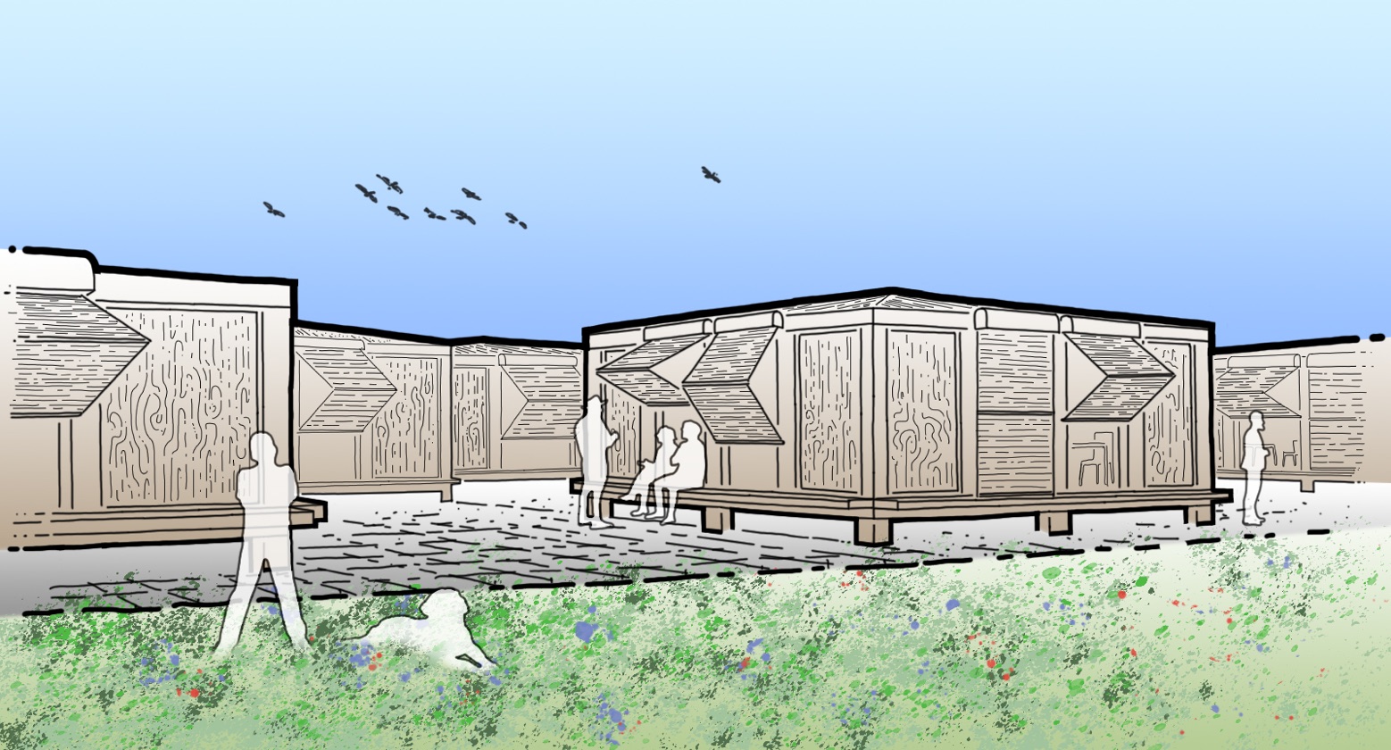 Rendered courtyard view of the Ambibru Design Studio's timber pavilions with people gathered outside