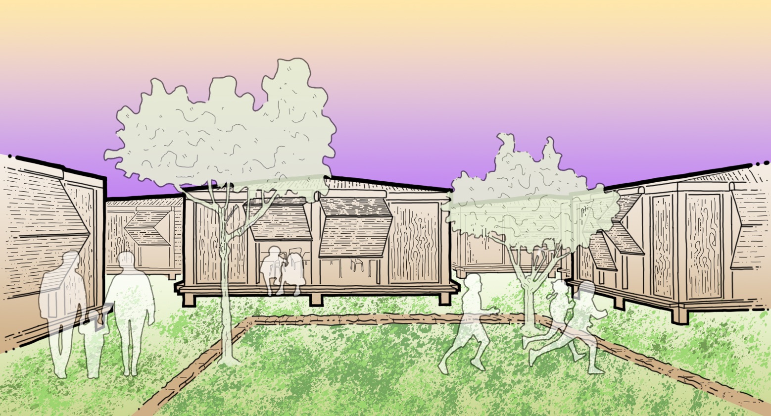 Rendered dusk view of the Ambibru Design Studio's timber pavilions with figures walking through the courtyard