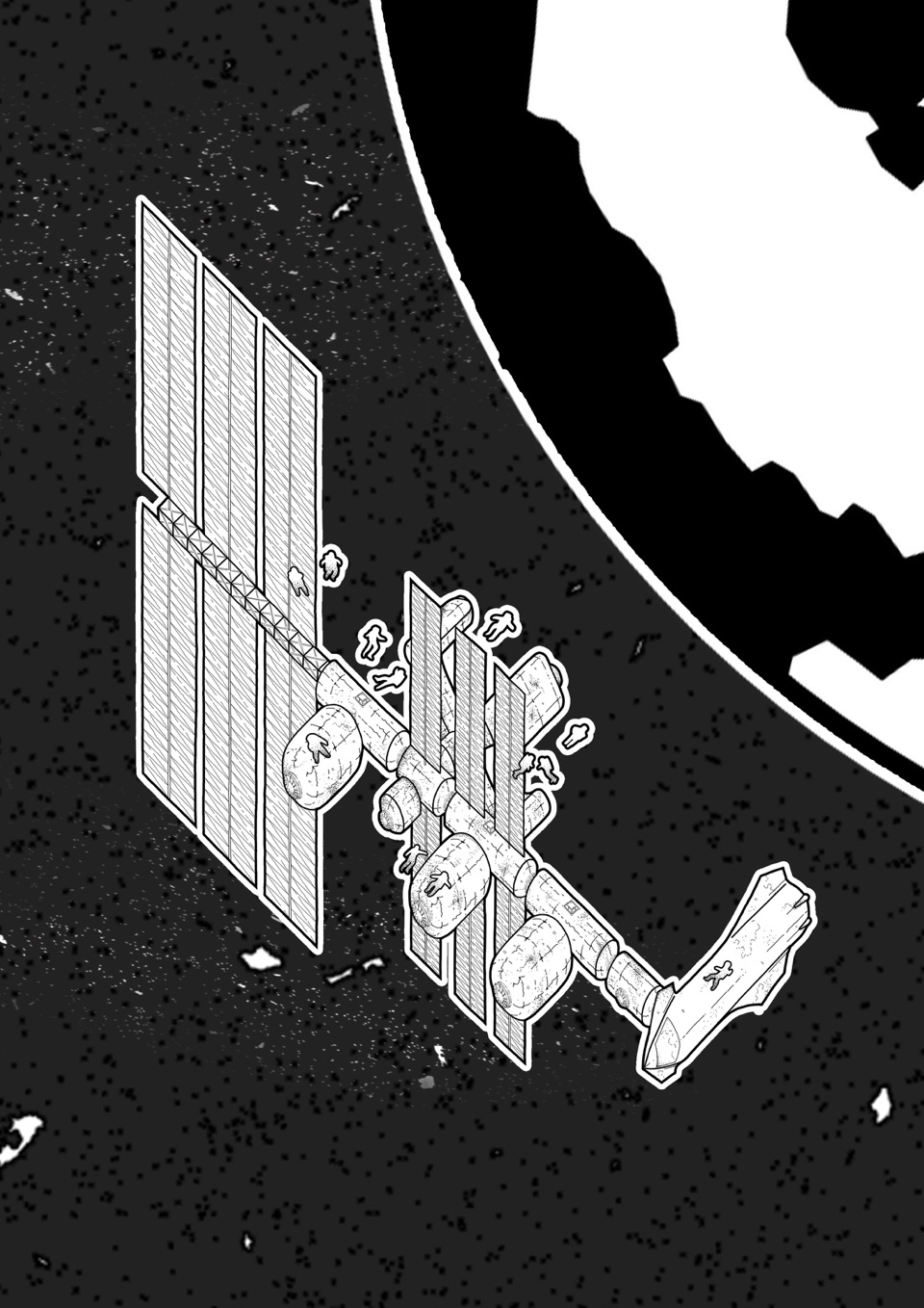 Axonometric illustration of an early orbital station concept with solar panels and modular arms, Earth in the background
