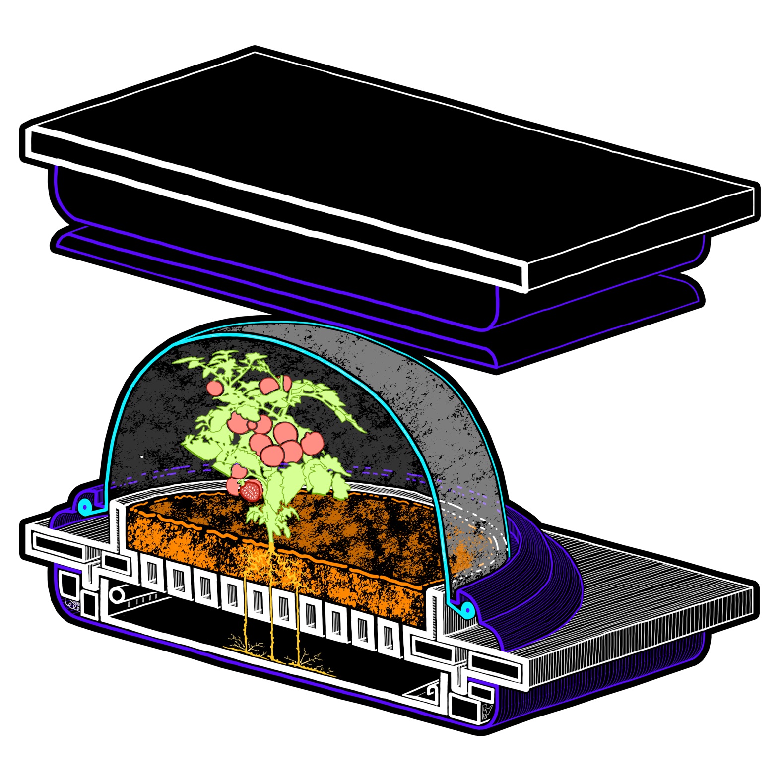 Exploded axonometric diagram of a CELSS growing pod, showing a tomato plant in its soil tray beneath a removable dome cover