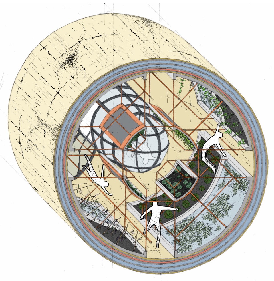 Cutaway illustration of a cylindrical space station interior showing a tomato plant growing in a greenhouse module, with crew floating nearby