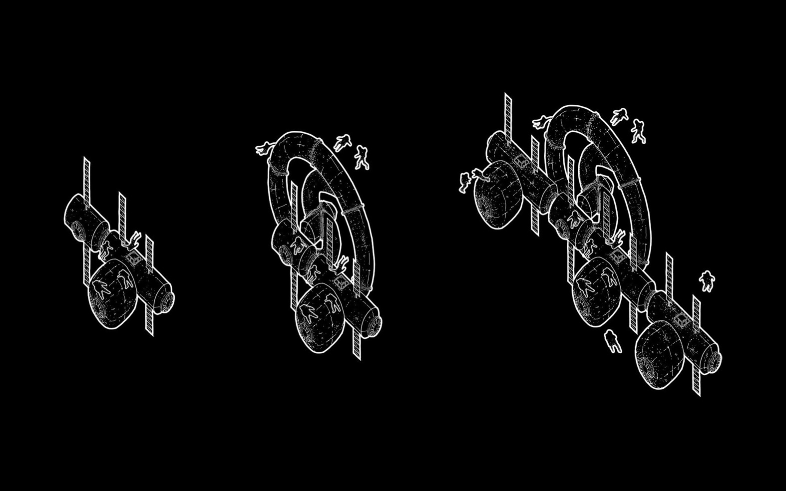 Three-stage illustration showing the modular growth of Promethea Station from an early cluster to its full configuration